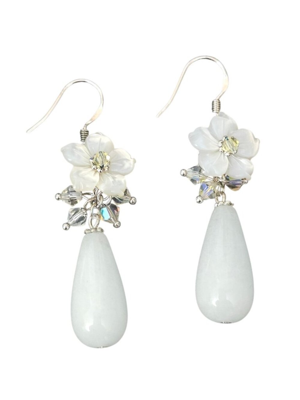 Handmade White Flower Drop Earrings Crystal Beaded Dangle Teardrop Elegant... - Picture 4 of 6